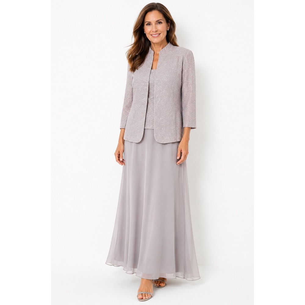 Alex Evenings Womens 14W 2 Piece Gown Jacket Set Dove Lavender Gray Glitter